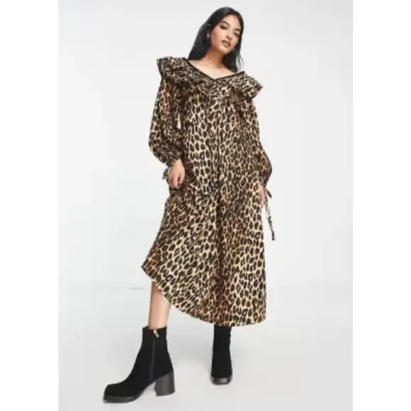 DAMSON MADDER Sz 12 UK 8 US Leopard Print Barbs Ruffle Midi Dress - Picture 11 of 12